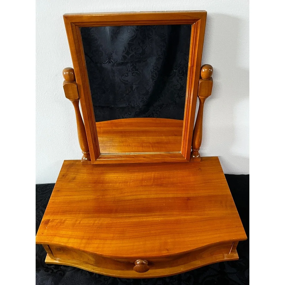 Vtg Wood Swivel Vanity Mirror Tabletop Dressing Station Storage Drawer 19x17.75